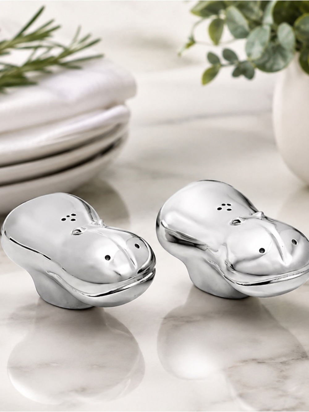 Modern Nambé Metal Hippo Salt and Pepper Shakers